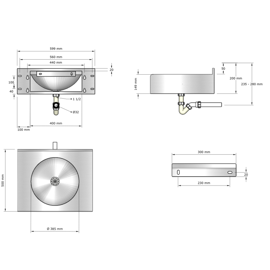 meervoudige wastafel | RVS |600x565x(h)200 mm
