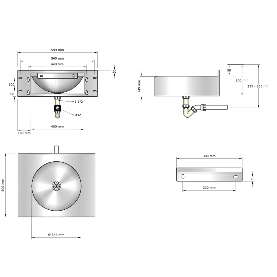 multiple washbasin | stainless steel |600x565x(h)200 mm