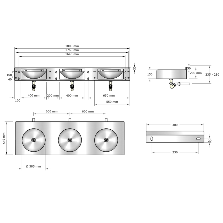 meervoudige wastafel | RVS |1800x565x(h)200 mm