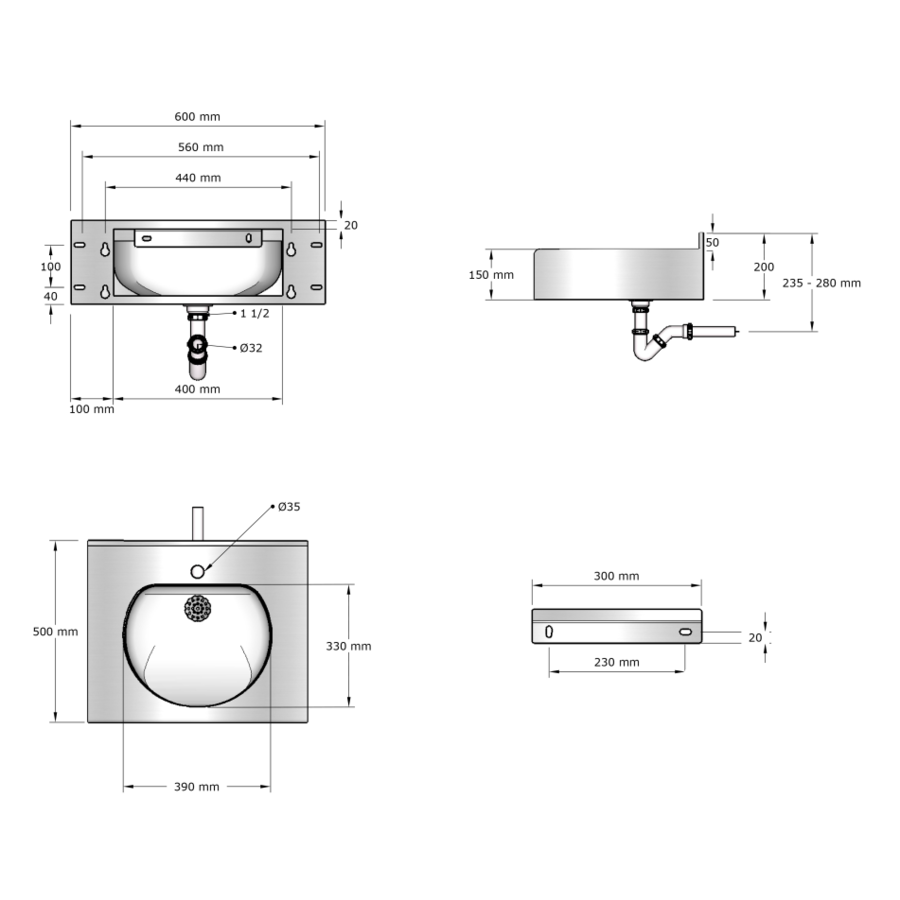 multiple washbasin | stainless steel | 600(w)x515(d)x(h)200 mm