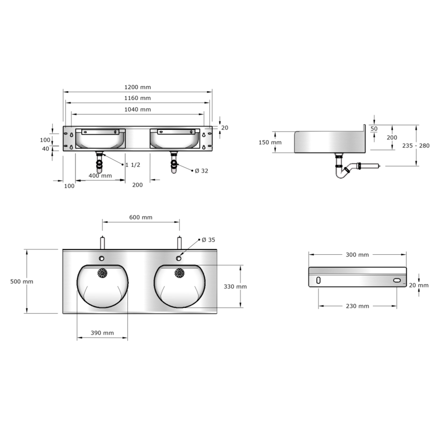 meervoudige wastafel | RVS | 1200x515x(h)200 mm