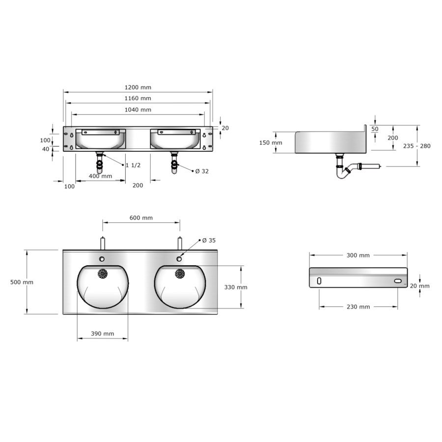 Reihenwaschtisch | Edelstahl | 1200x515x(h)200 mm