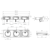multiple washbasin with splashback | stainless steel | 1800x515x(h)200 mm