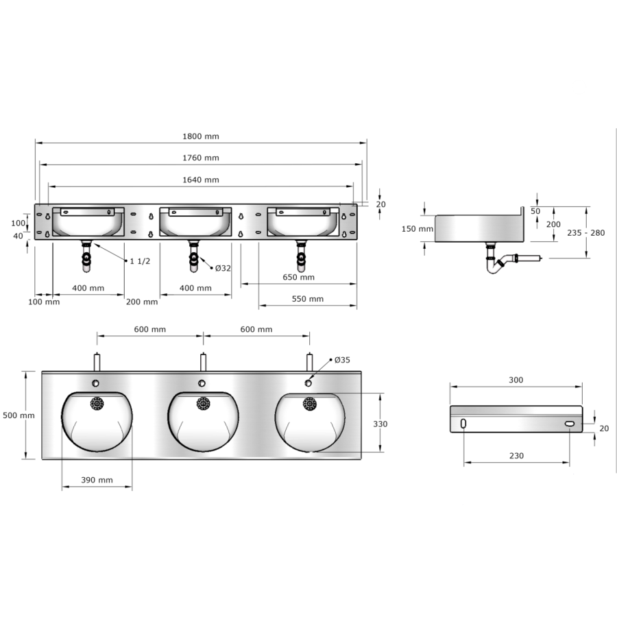 multiple washbasin with splashback | stainless steel | 1800x515x(h)200 mm