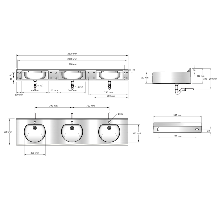 multiple washbasin with splashback | stainless steel | 2100x515x(h)200 mm