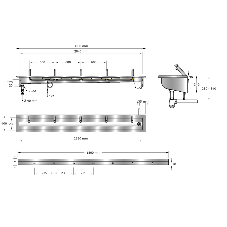 Lavoir | acier inoxydable | 1200 x 400 x 240 mm | 6 tailles