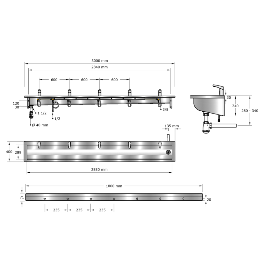 Washing trough | Stainless steel | Incl. infrared taps | 6 formats