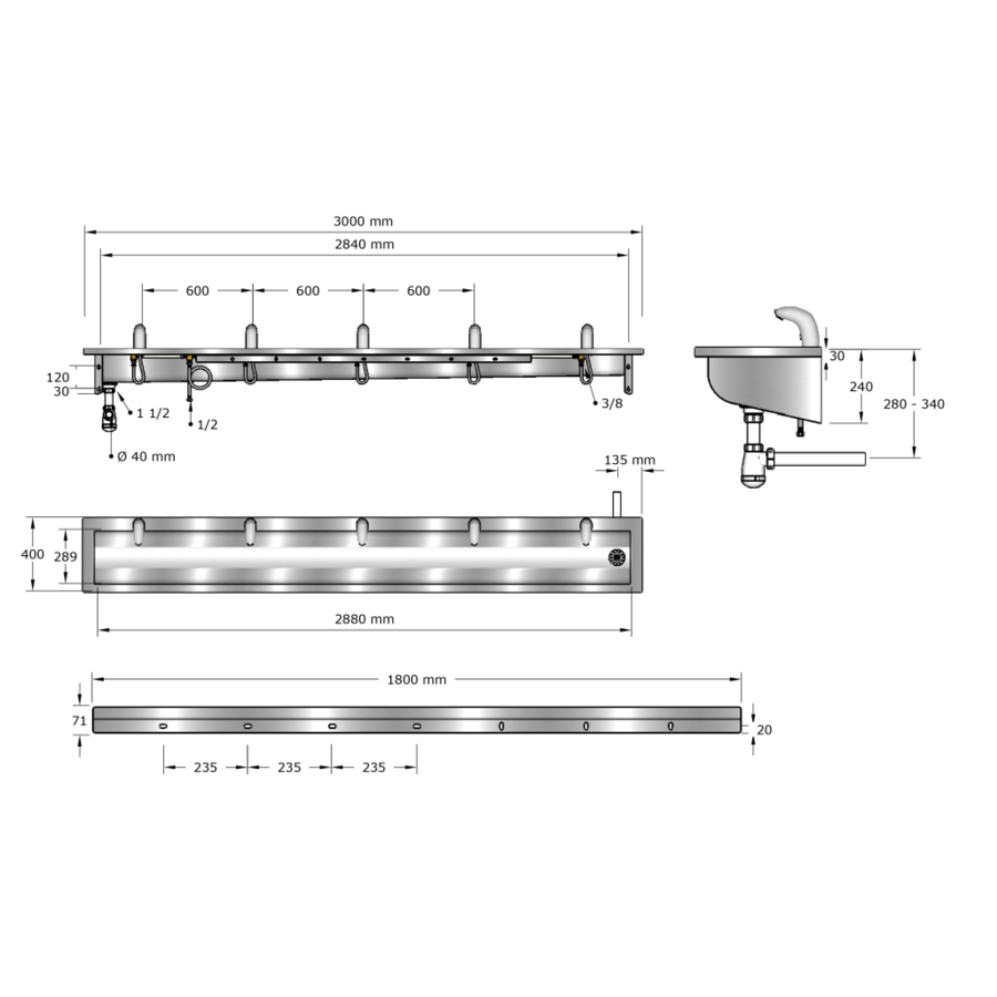washbasin | stainless steel | incl. infrared taps | 6 sizes
