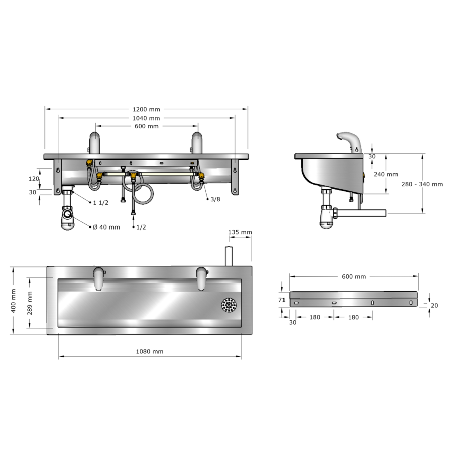 washbasin | stainless steel | incl. infrared taps | 6 sizes