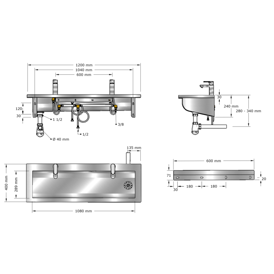 washbasin | stainless steel | Incl. taps | 6 sizes