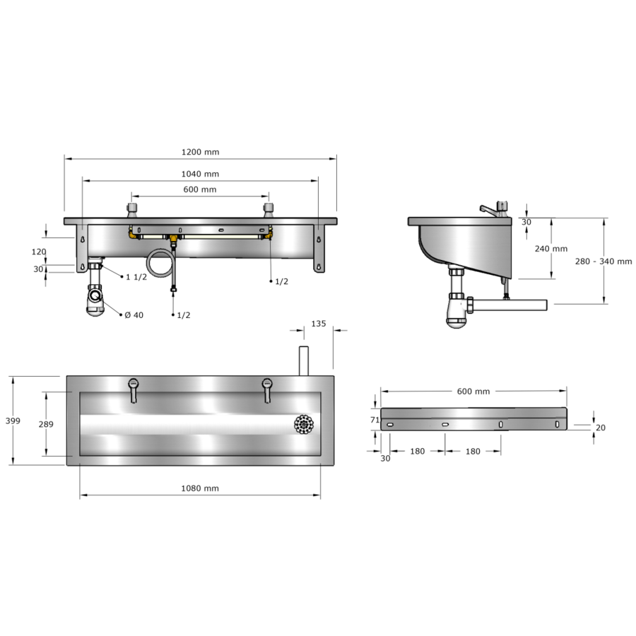 washbasin | stainless steel | Incl. taps | 6 sizes