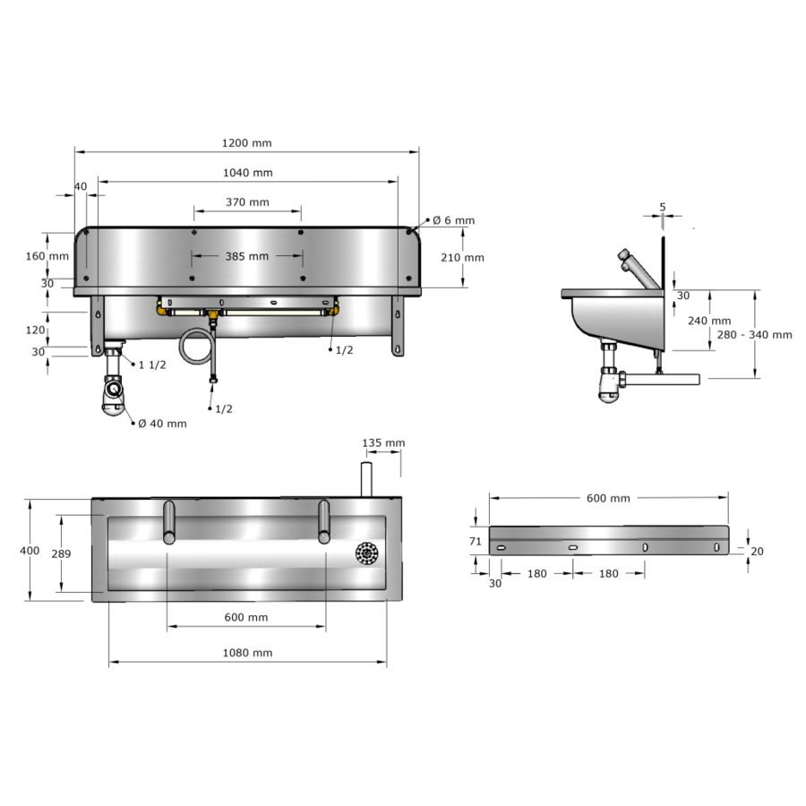 wash trough | stainless steel | Incl. taps | 6 sizes