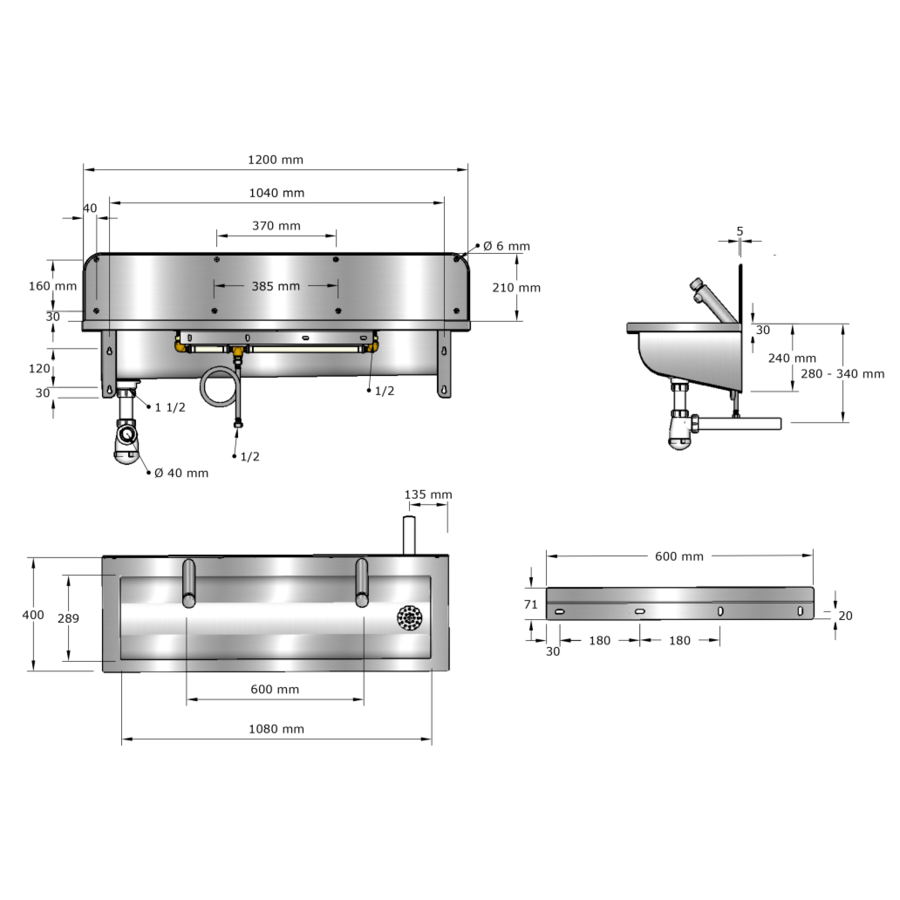 washing trough | Stainless steel | Incl. taps | 6 formats