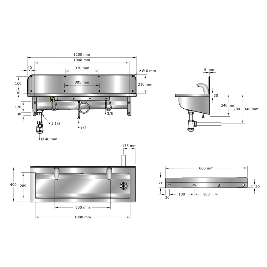 Washing trough | Stainless steel | Incl. taps | 6 formats