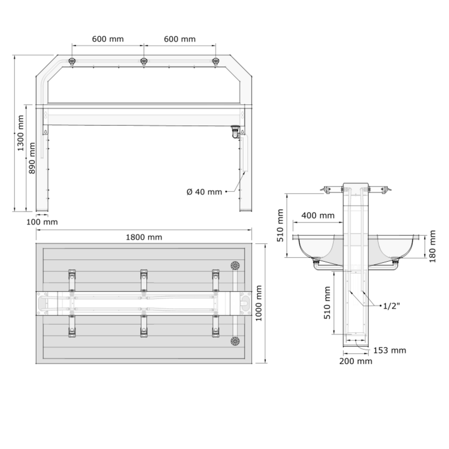 Washing island made of stainless steel | 1220(w)x1000(d)x1300(h) mm | 4 or 6 places