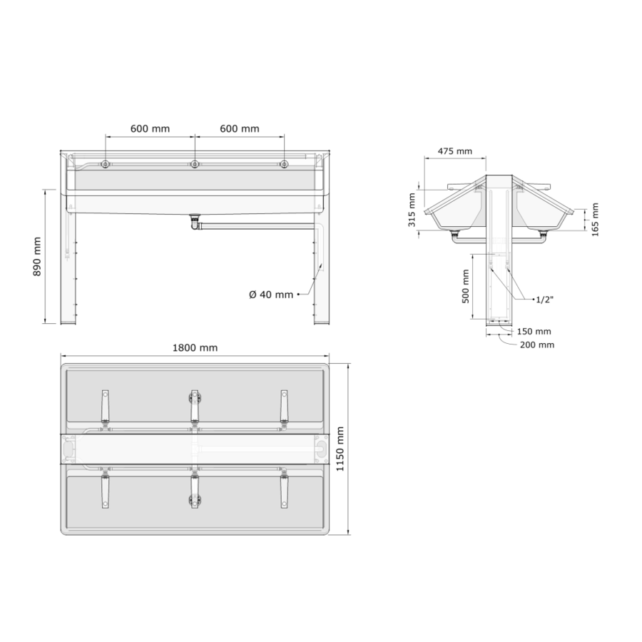 Washing island made of stainless steel | 1220(w)x1150(d)x1200(h) mm | 4 or 6 places