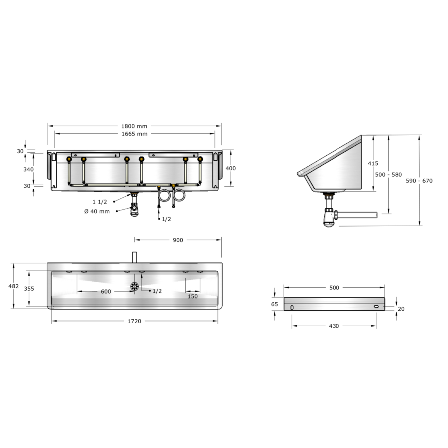 Washing trough | Stainless steel | 1200 x 475 x 425 mm | 4 formats