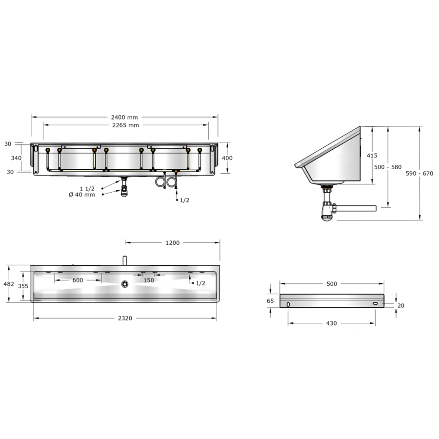 Washing trough | Stainless steel | 1200 x 475 x 425 mm | 4 formats