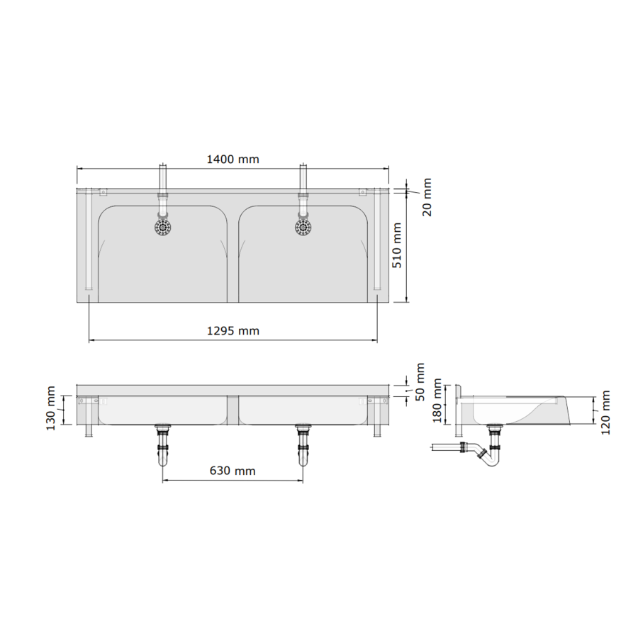 Meervoudige wastafel | polymeerbeton | 1400 x 510 x 180 mm | 10 kleuren