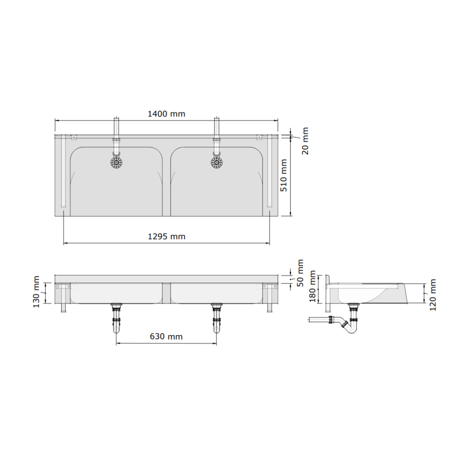 Multiple sink | polymer concrete | 1400 x 510 x 180 mm | 10 colors