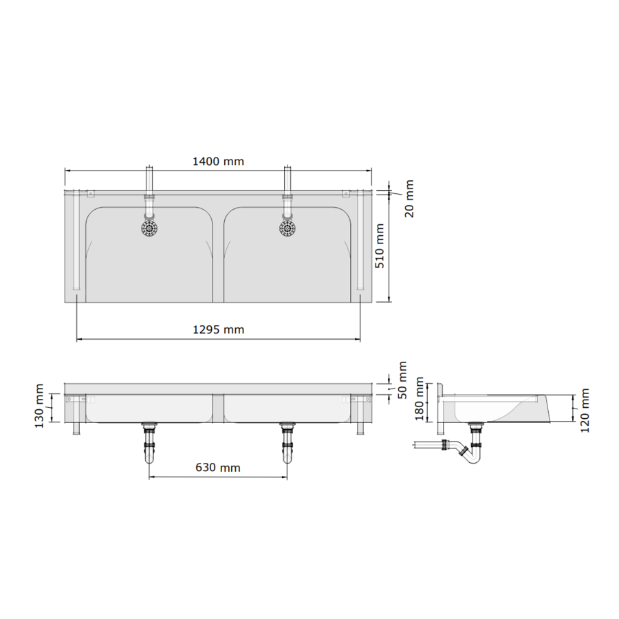 Meervoudige wastafel | polymeerbeton | 1400 x 510 x 180 mm | 10 kleuren