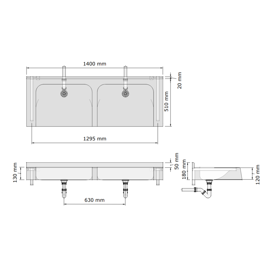 Multiple sink | polymer concrete | 2100 x 510 x 180 mm | 10 colors