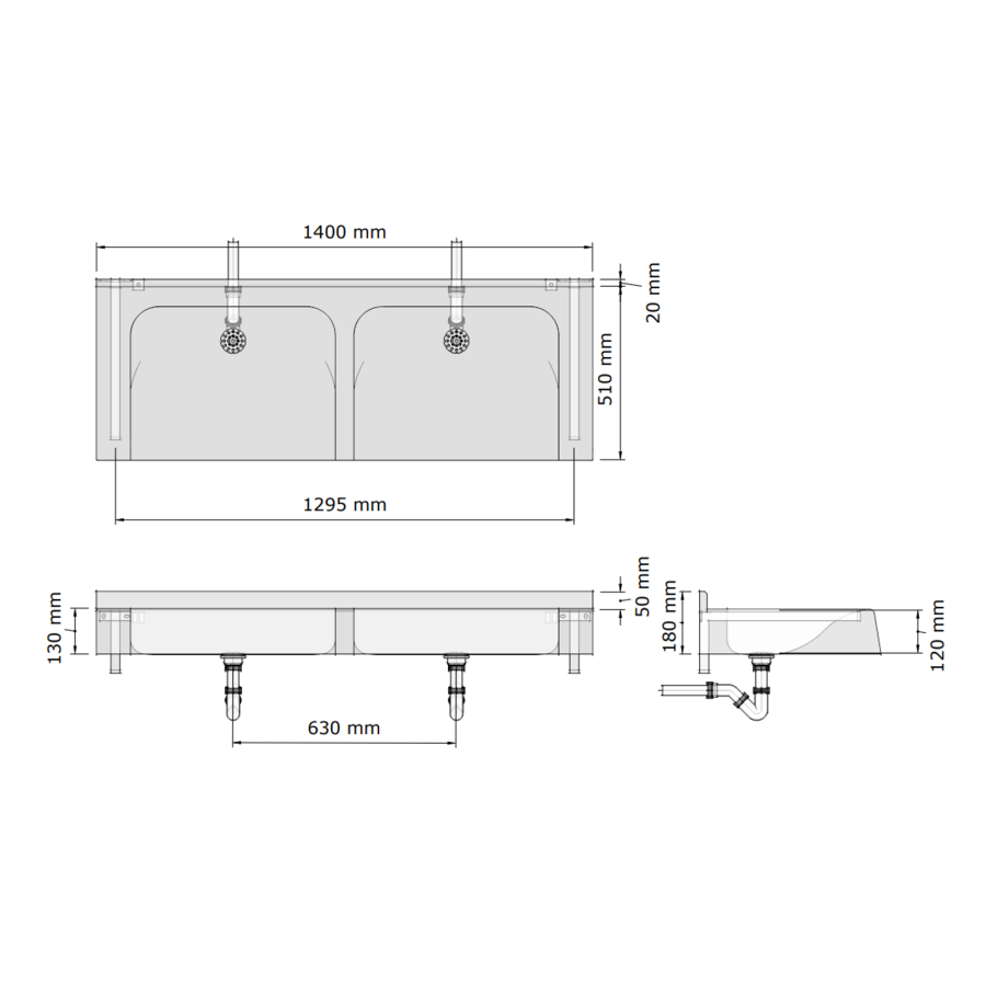 Multiple washbasin | polymer concrete | 2100 x 510 x 180 mm | 10 colours