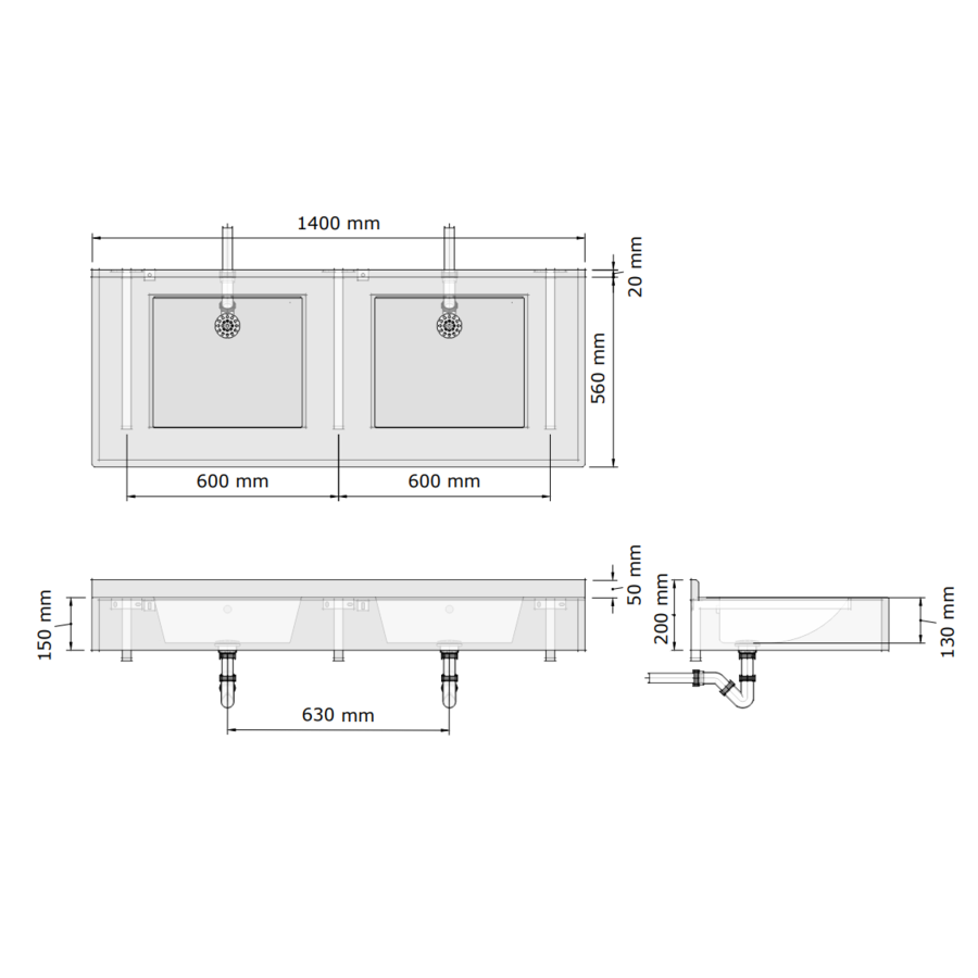 multiple washbasin | polymer concrete | 1200 x 560 x 200 mm | 10 colours