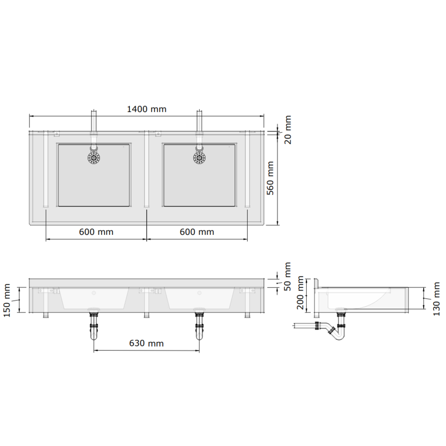 Multiple washbasin | polymer concrete | 1800 x 510 x 180 mm | 10 colours