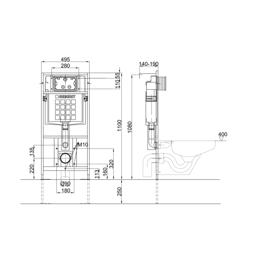 mounting frame for toilet | W 495 x D 140/190 x H 1100 mm