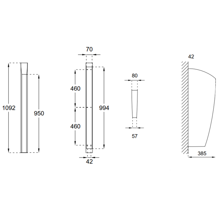 urinal bulkhead | Stainless steel | W 80/57 x D 385 x H 1092 mm