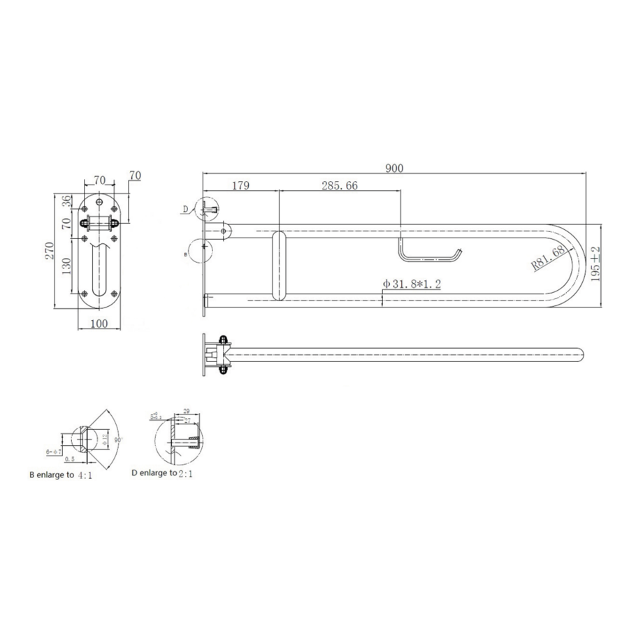 folding toilet bracket | Stainless steel | Ø 32x900mm