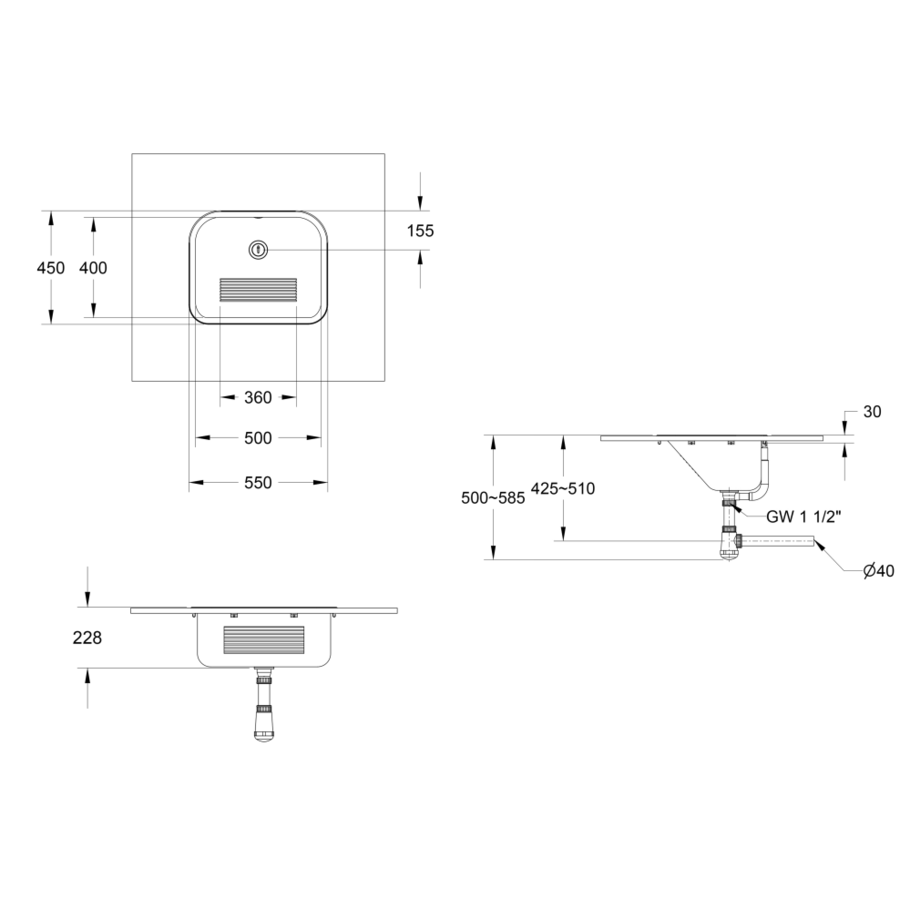 built-in sink | Stainless steel | W 550 x D 450 x H 190 mm