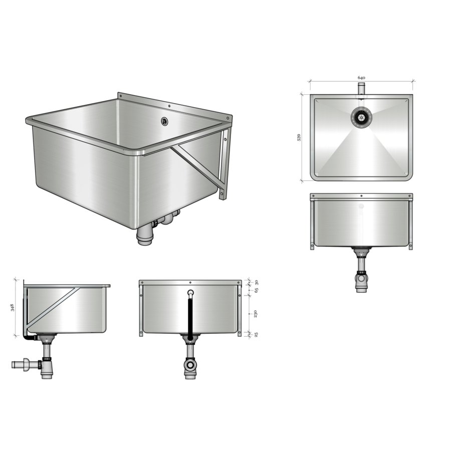 vasque murale | acier inoxydable | L 640 x P 540 x H 300 mm