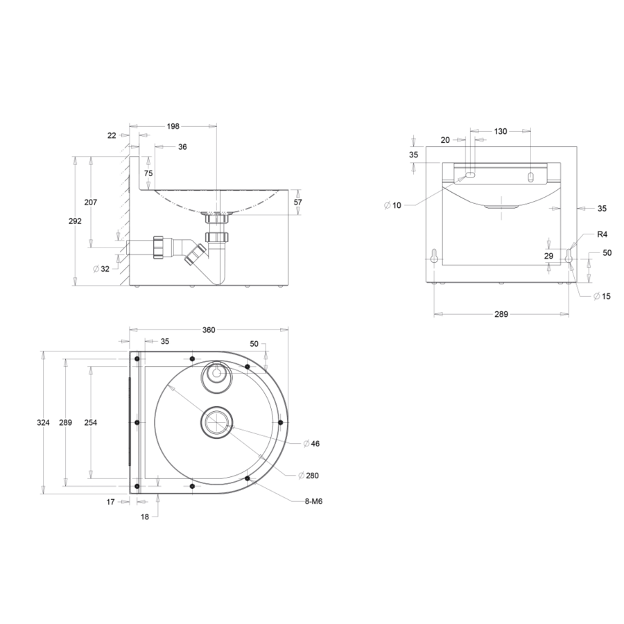 hangende drinkfontein van roestvrij staal | B 324 x D 360 x H 290 mm