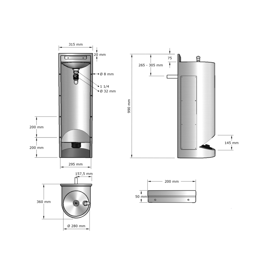 standing drinking fountain with foot control | Stainless steel | 315 x 360 x 990 mm