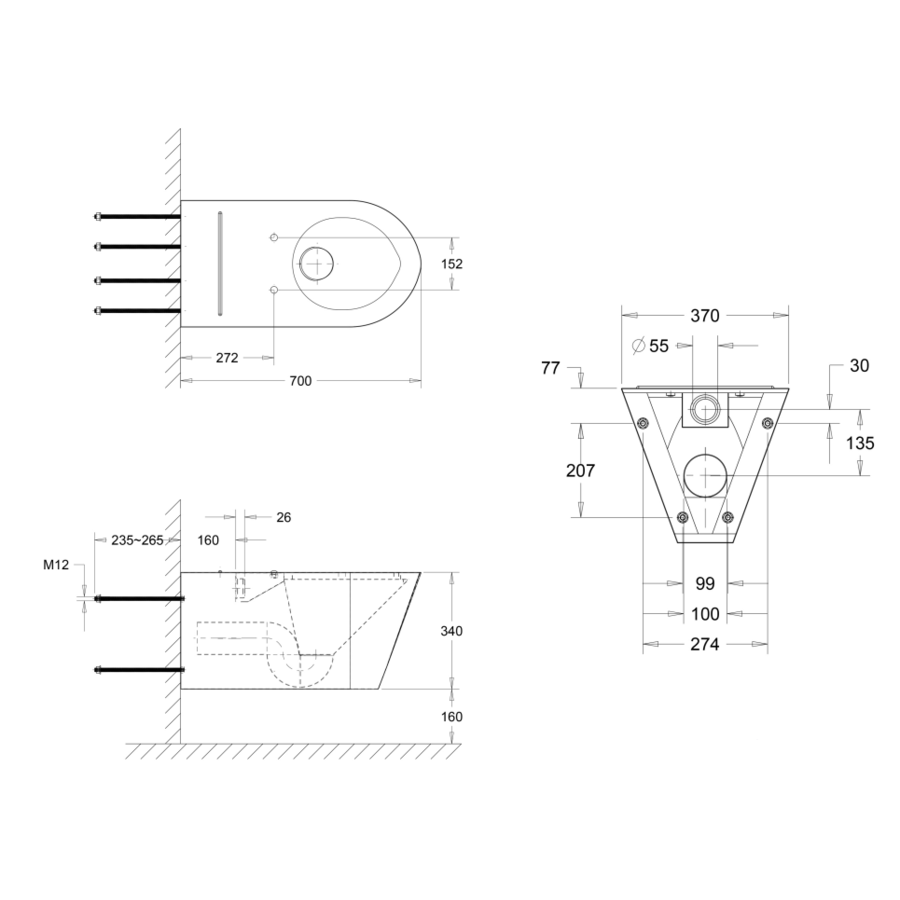 Wand hangend toilet | RVS | 370 x 700 x(h)340 mm