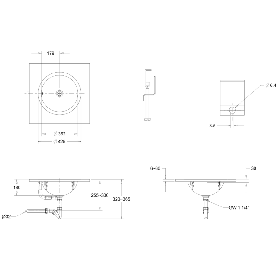 lavabo | rond | Encart | acier inoxydable | Brossé