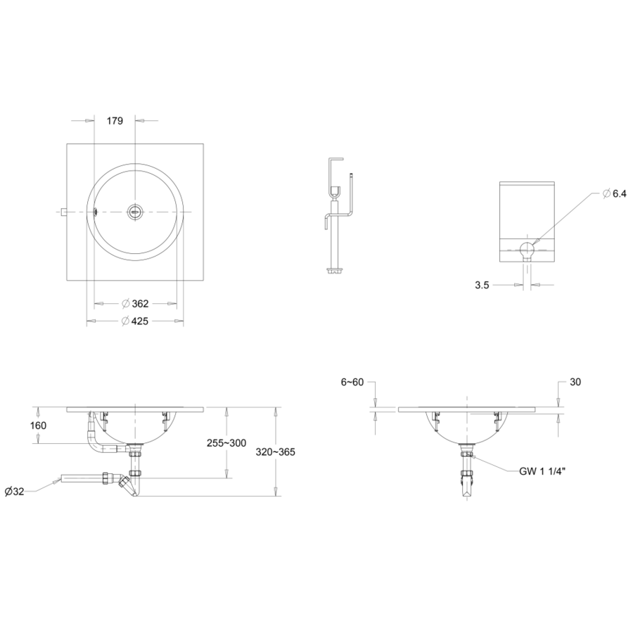 Wasbak | Rond | Inliggend | RVS | Geborsteld