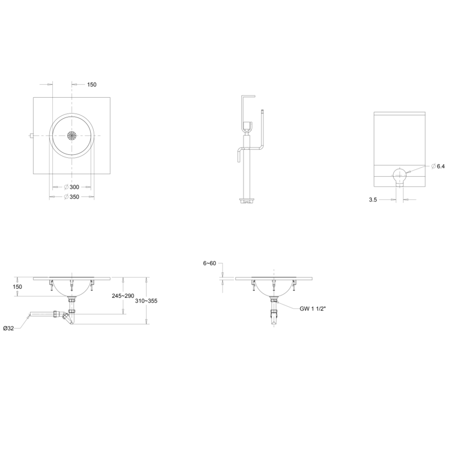 Washbasin | Round | Inset | Stainless steel | Brushed