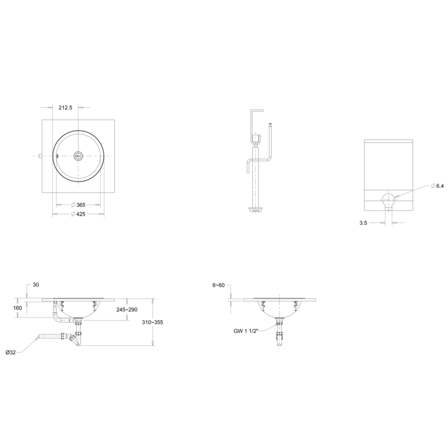 Wasbak | Rond | Inliggend | RVS | Geborsteld