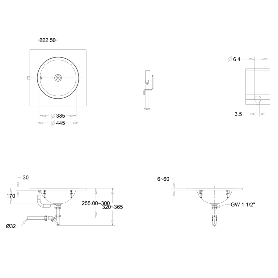 Washbasin | Round | Inset | Stainless steel | Brushed