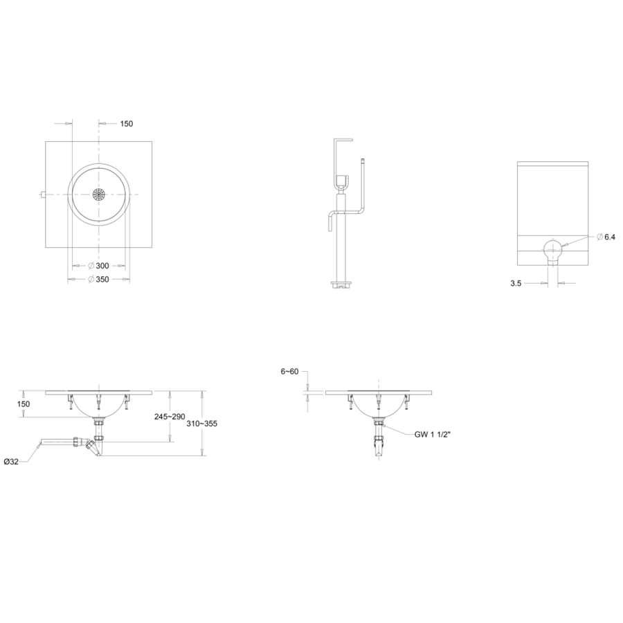 Washbasin | Round | Inset | Stainless steel | Brushed