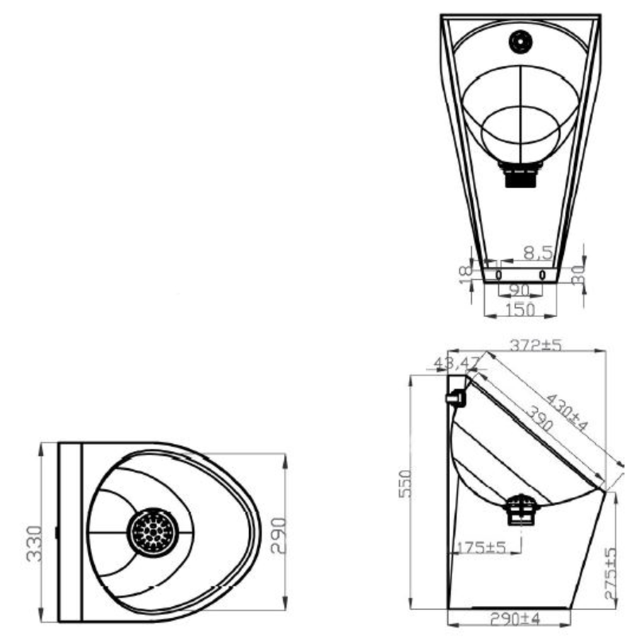 Urinoir van RVS | B 330 x D 372 x H 550 mm