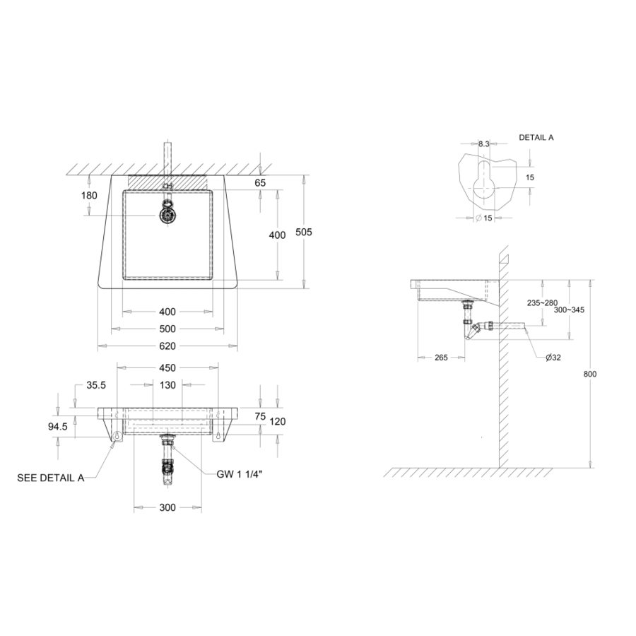 washbasin for disabled | stainless steel | W 620 x D 505 x H 150 mm.