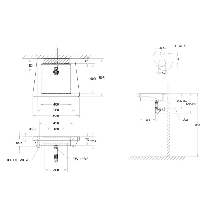 wastafel voor mindervaliden | RVS | B 620 x D 505 x H 150 mm.