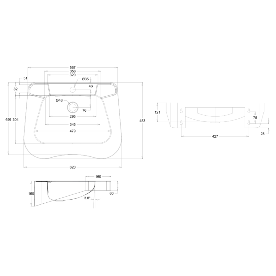 washbasin for disabled | stainless steel | W 620 x D 444 x H 160 mm