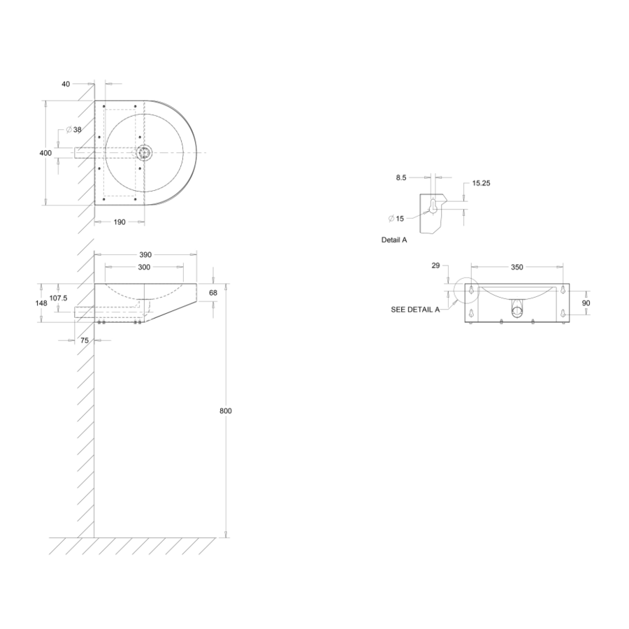 washbasin for disabled | stainless steel | W 400 x D 390 x H 68/148 mm