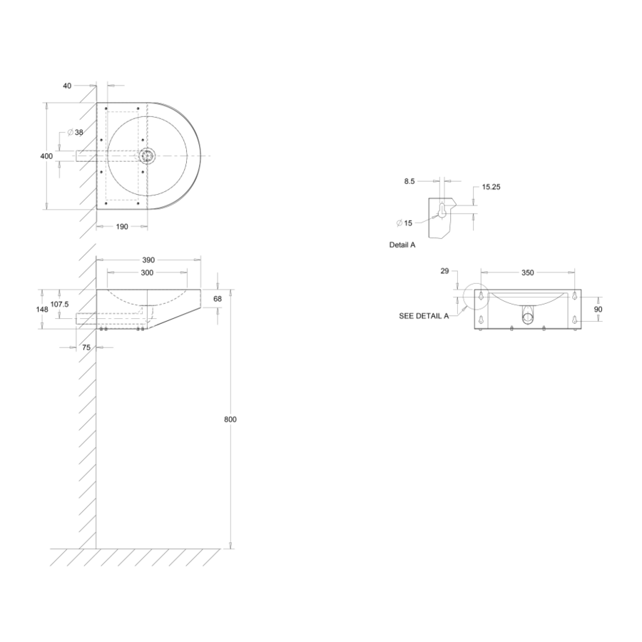 wastafel voor mindervaliden | RVS | B 400 x D 390 x H 68/148 mm