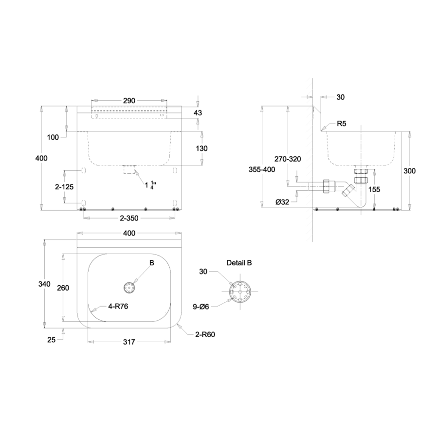 lavabo mural en acier inoxydable | L 400 x P 340 x H 400 mm